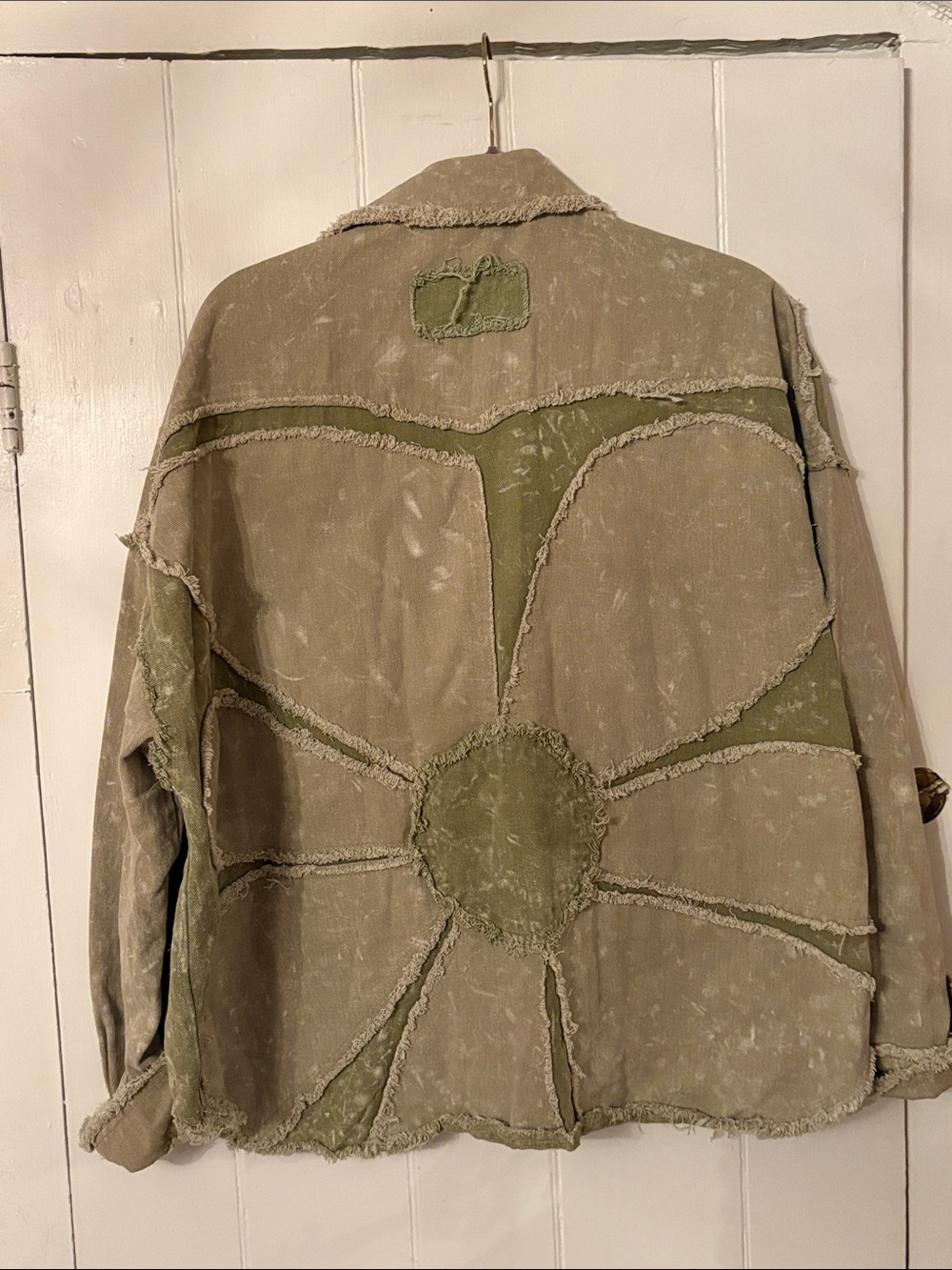 SHEIN Distressed Daisy Olive Green Denim Jacket NEW XL